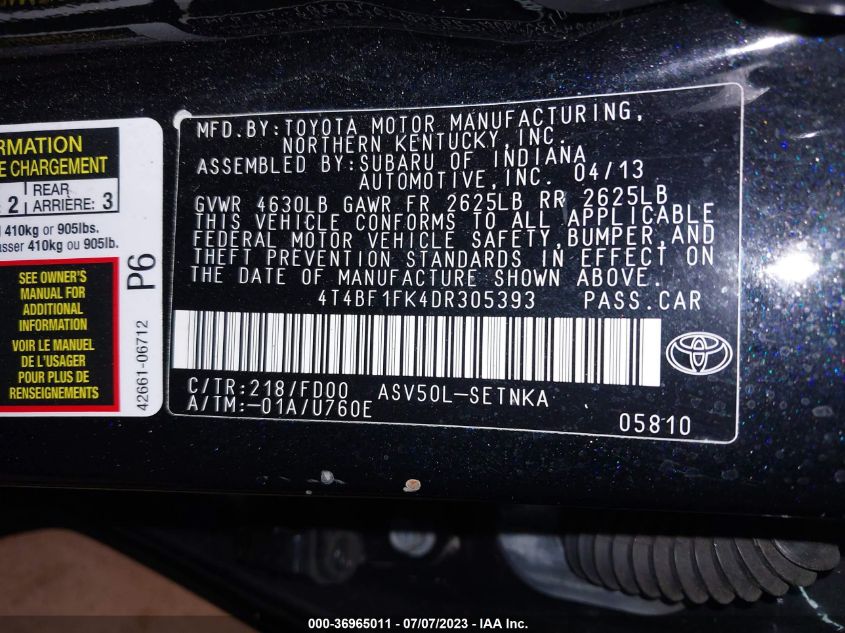 2013 TOYOTA CAMRY L/LE/SE/XLE - 4T4BF1FK4DR305393
