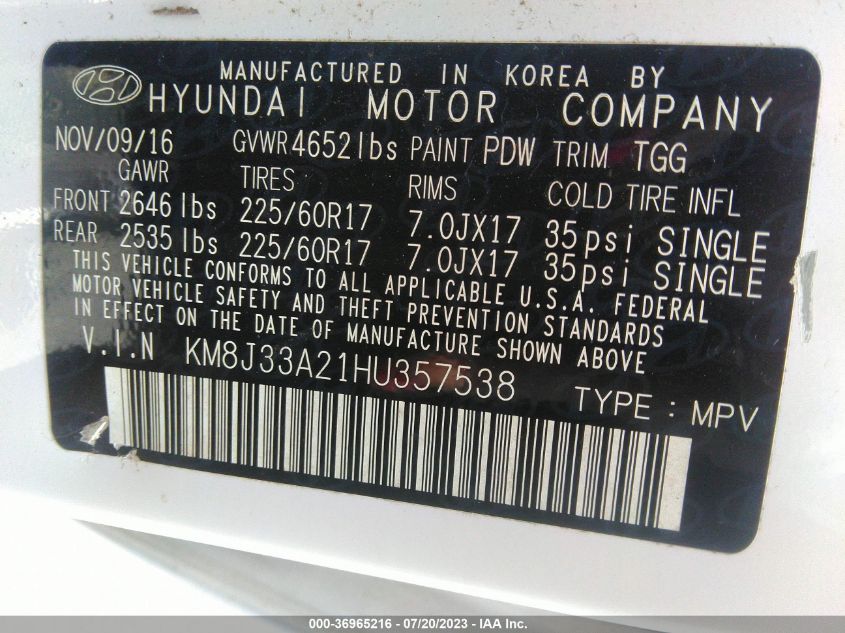 2017 HYUNDAI TUCSON ECO - KM8J33A21HU357538