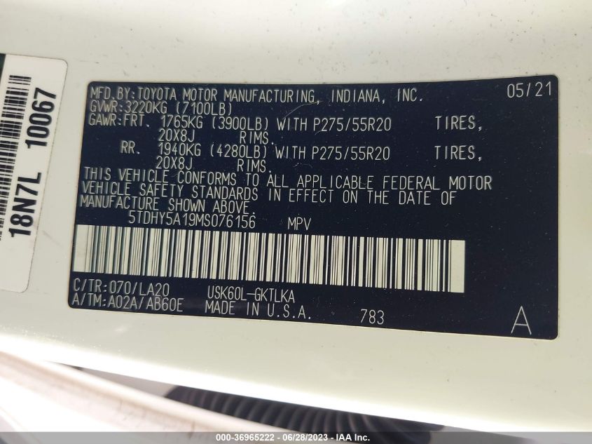 2021 TOYOTA SEQUOIA NIGHTSHADE - 5TDHY5A19MS076156