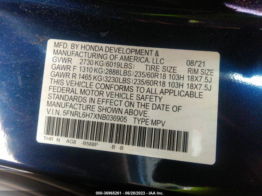 2022 HONDA ODYSSEY EX-L - 5FNRL6H7XNB036905
