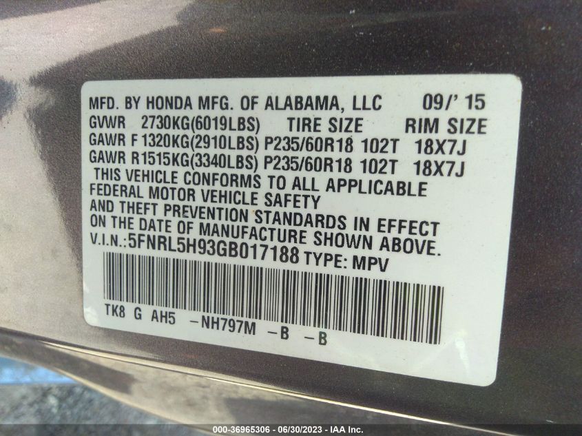 2016 HONDA ODYSSEY TOURING - 5FNRL5H93GB017188