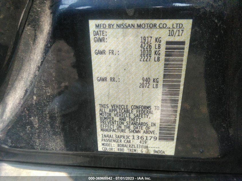 2018 NISSAN ALTIMA 2.5 SL - 1N4AL3APXJC136179