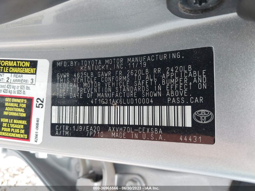 2020 TOYOTA CAMRY HYBRID SE - 4T1G31AK6LU010004