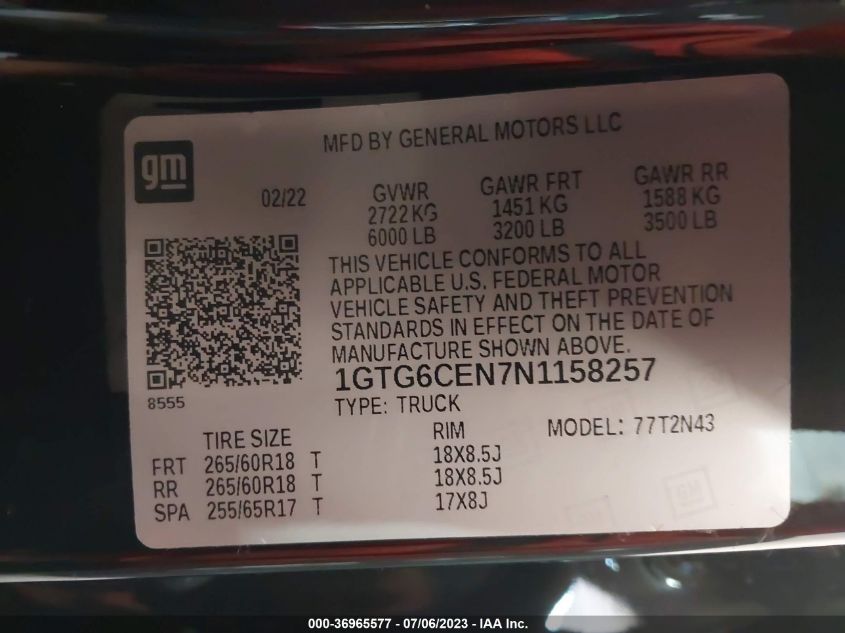 2022 GMC CANYON 4WD ELEVATION - 1GTG6CEN7N1158257