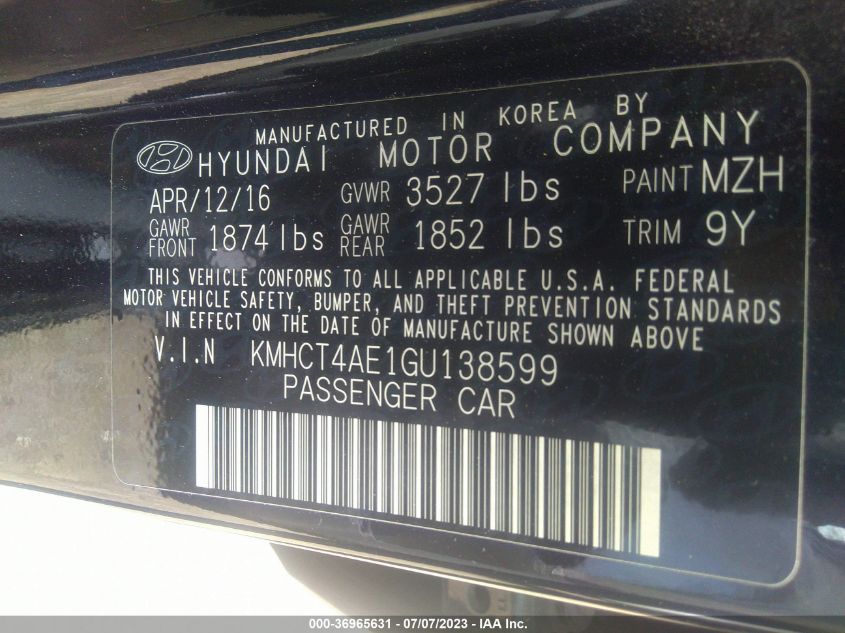 2016 HYUNDAI ACCENT SE - KMHCT4AE1GU138599