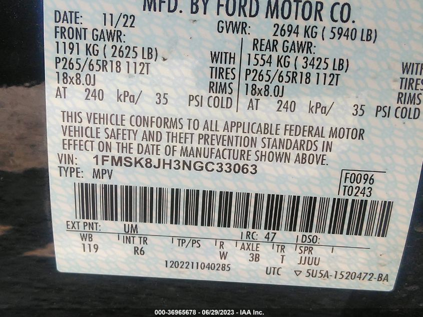 2022 FORD EXPLORER TIMBERLINE - 1FMSK8JH3NGC33063