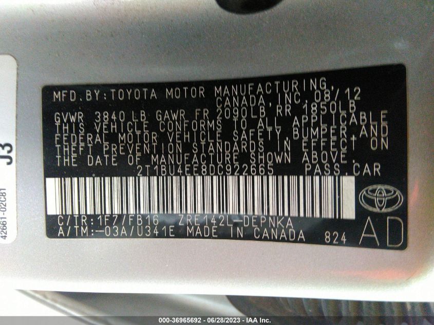 2013 TOYOTA COROLLA L/LE/S - 2T1BU4EE8DC922665