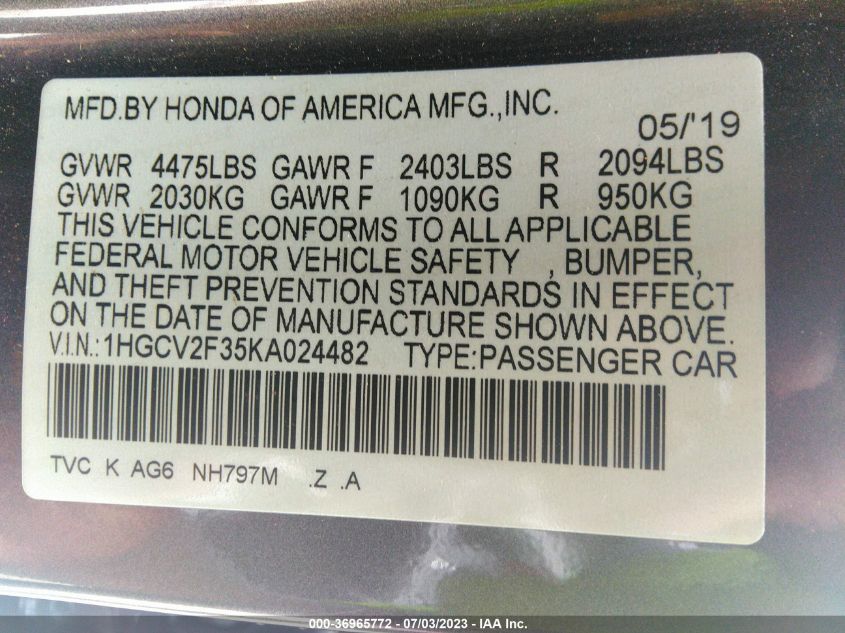 2019 HONDA ACCORD SEDAN SPORT 2.0T - 1HGCV2F35KA024482