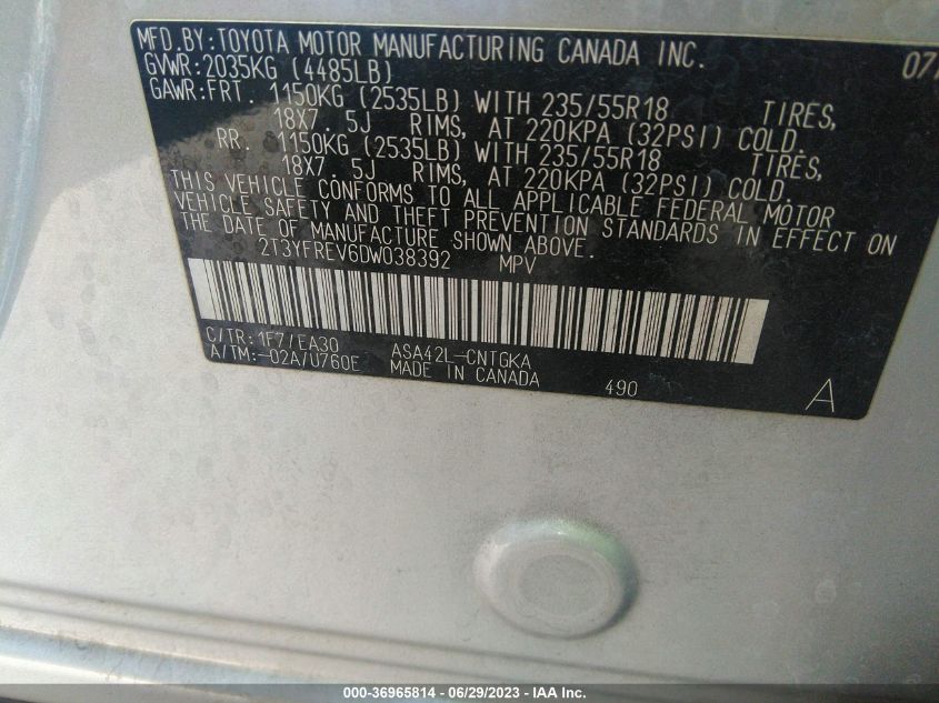 2013 TOYOTA RAV4 LIMITED - 2T3YFREV6DW038392