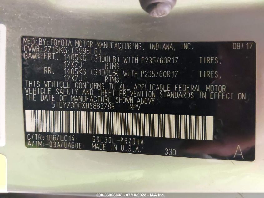 2017 TOYOTA SIENNA XLE AUTO ACCESS - 5TDYZ3DCXHS883788