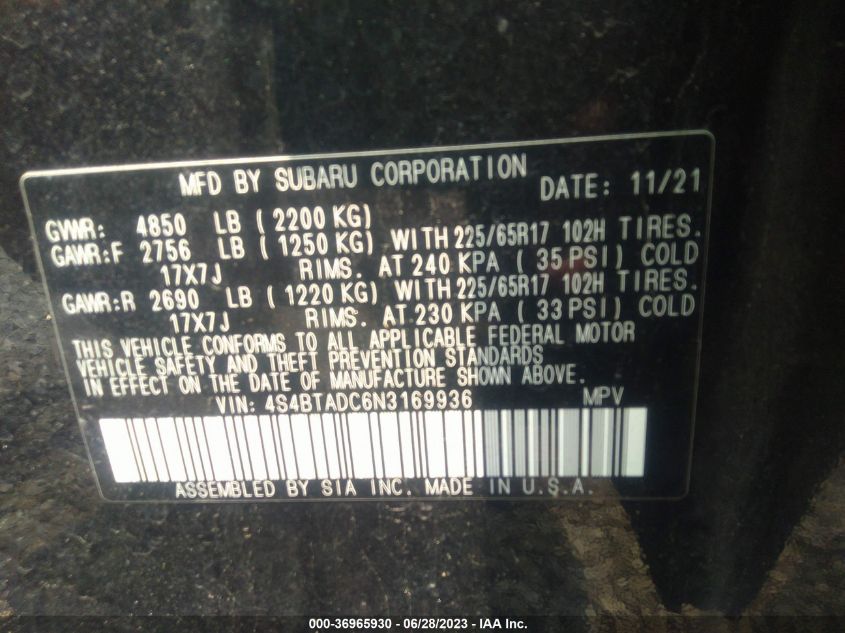 2022 SUBARU OUTBACK PREMIUM - 4S4BTADC6N3169936