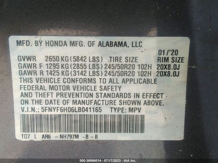 2020 HONDA PILOT ELITE - 5FNYF6H06LB041165