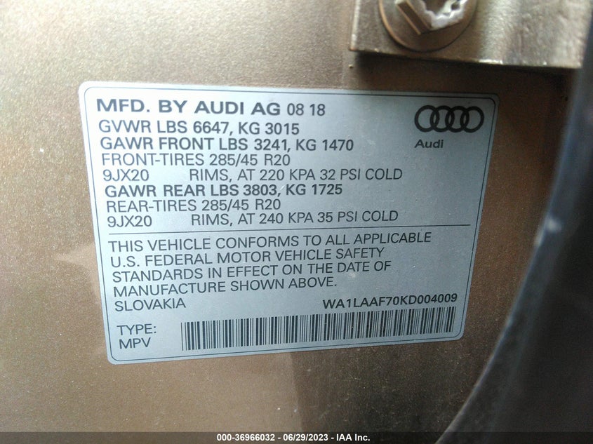 VIN WA1LAAF70KD004009 2019 AUDI Q7 PREMIUM PLUS