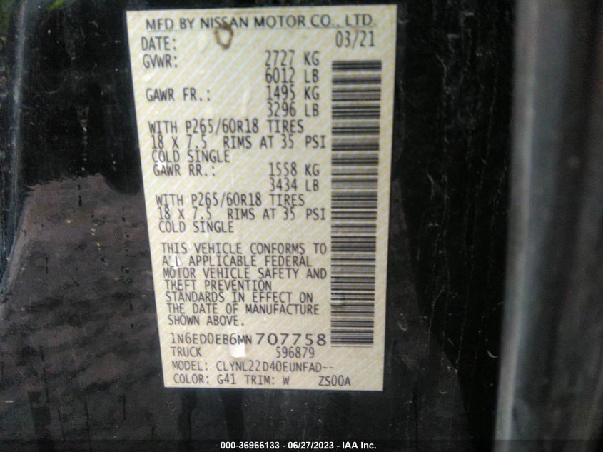 2021 NISSAN FRONTIER SV - 1N6ED0EB6MN707758