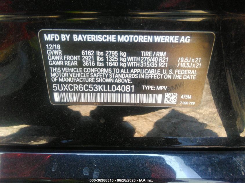 5UXCR6C53KLL04081 2019 BMW X5, photo no. 9