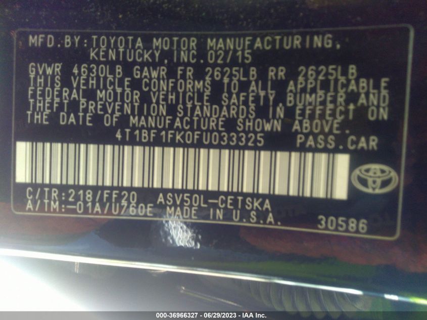 2015 TOYOTA CAMRY XLE/SE/LE/XSE - 4T1BF1FK0FU033325