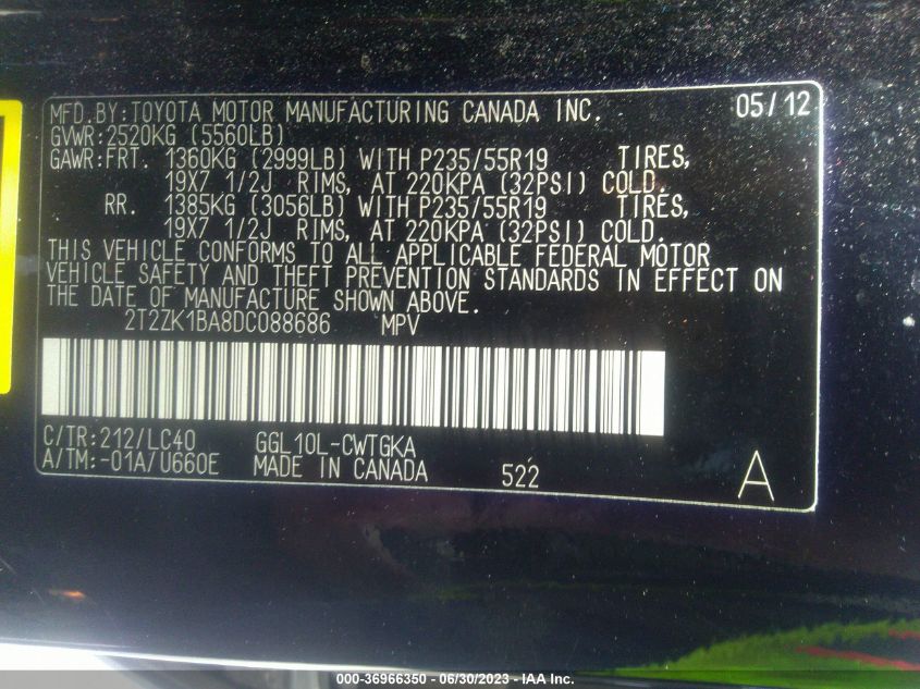 2013 LEXUS RX 350 - 2T2ZK1BA8DC088686