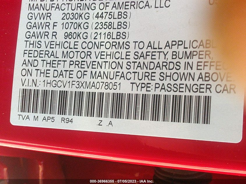 2021 HONDA ACCORD SEDAN SPORT - 1HGCV1F3XMA078051