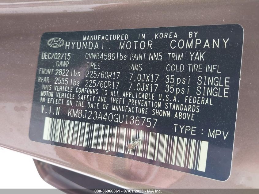 2016 HYUNDAI TUCSON SE - KM8J23A40GU136757