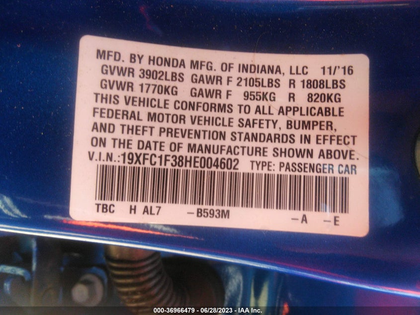 VIN 19XFC1F38HE004602 2017 HONDA CIVIC SEDAN EX-T