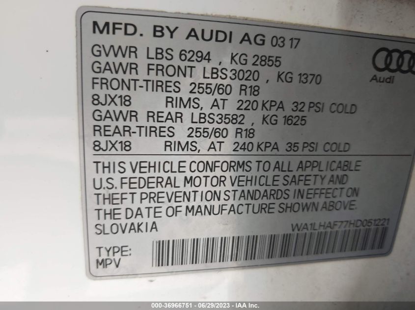 2017 AUDI Q7 PREMIUM PLUS - WA1LHAF77HD051221