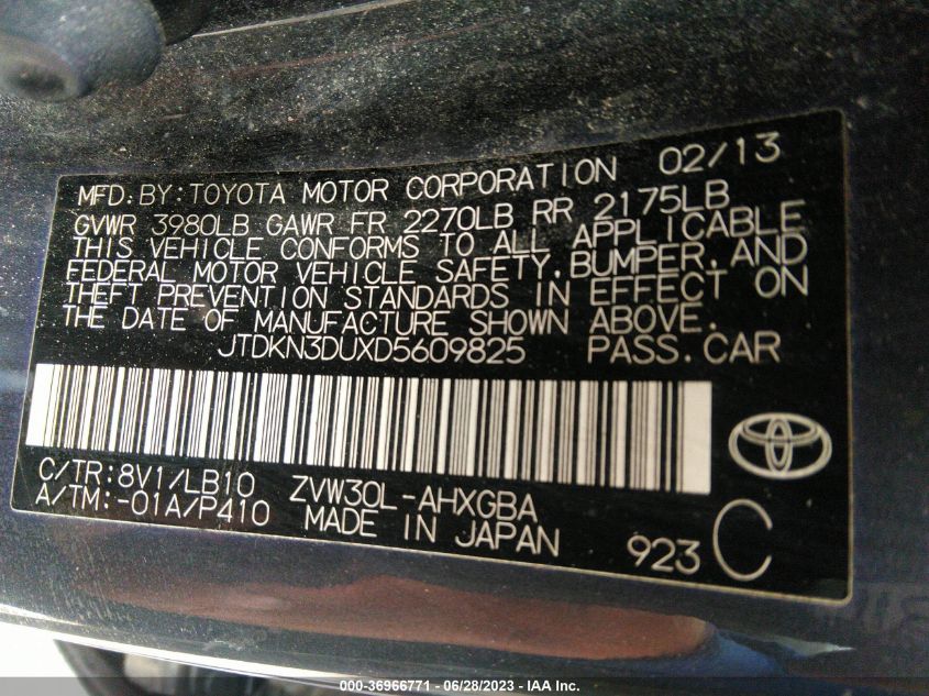 2013 TOYOTA PRIUS ONE/TWO/THREE/FOUR/FIVE - JTDKN3DUXD5609825