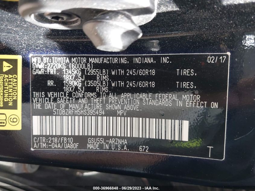 2017 TOYOTA HIGHLANDER LE - 5TDBZRFH5HS395494