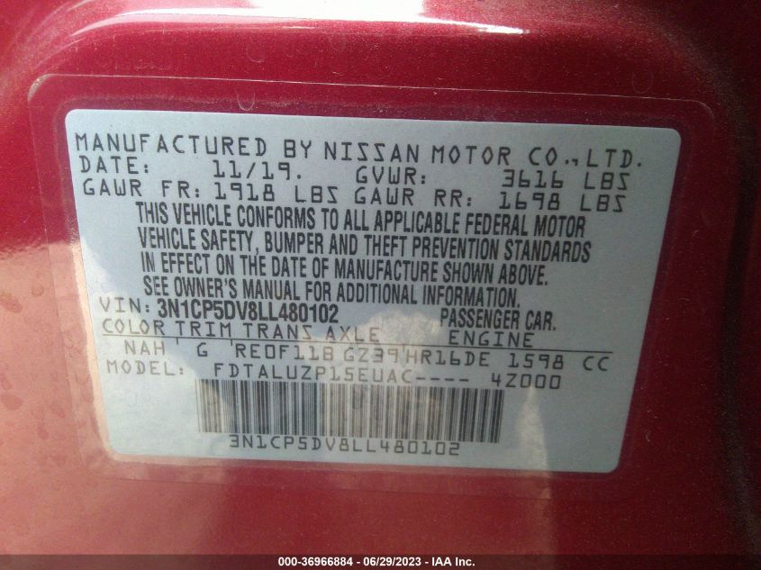 2020 NISSAN KICKS SR - 3N1CP5DV8LL480102