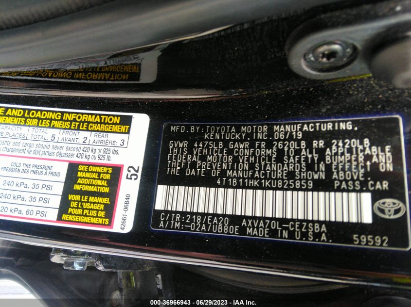 2019 TOYOTA CAMRY LE/SE/XLE/L - 4T1B11HK1KU825859
