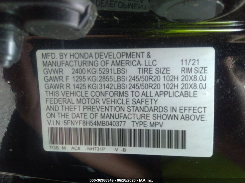 2021 HONDA PASSPORT EX-L 5FNYF8H54MB040377