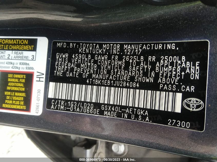 Auction sale of the 2018 TOYOTA AVALON , vin: 4T1BK1EB1JU284084, lot number: 36966973