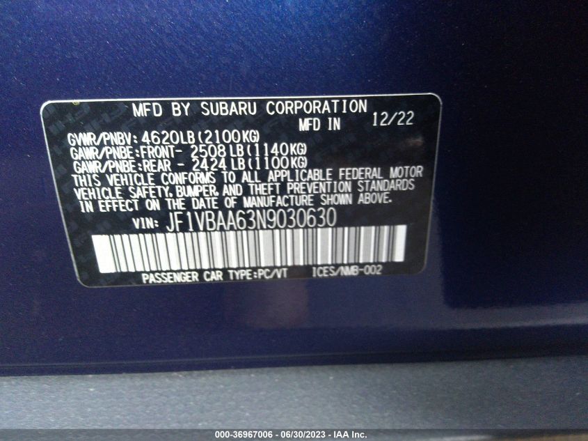 2022 SUBARU WRX - JF1VBAA63N9030630