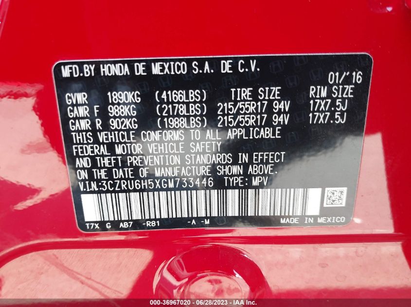 2016 HONDA HR-V EX - 3CZRU6H5XGM733446