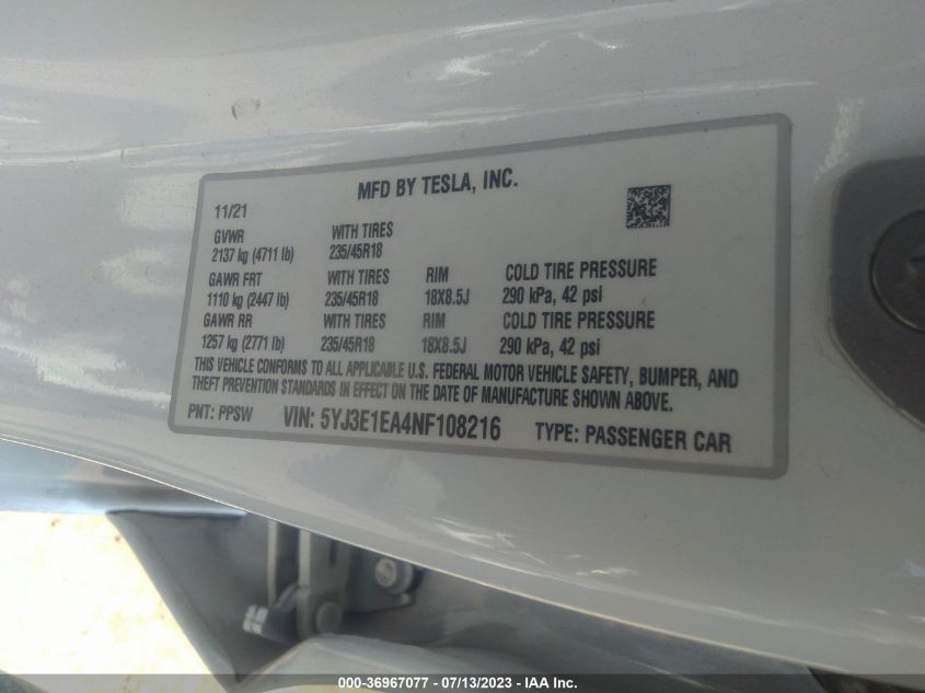 2022 TESLA MODEL 3 - 5YJ3E1EA4NF108216