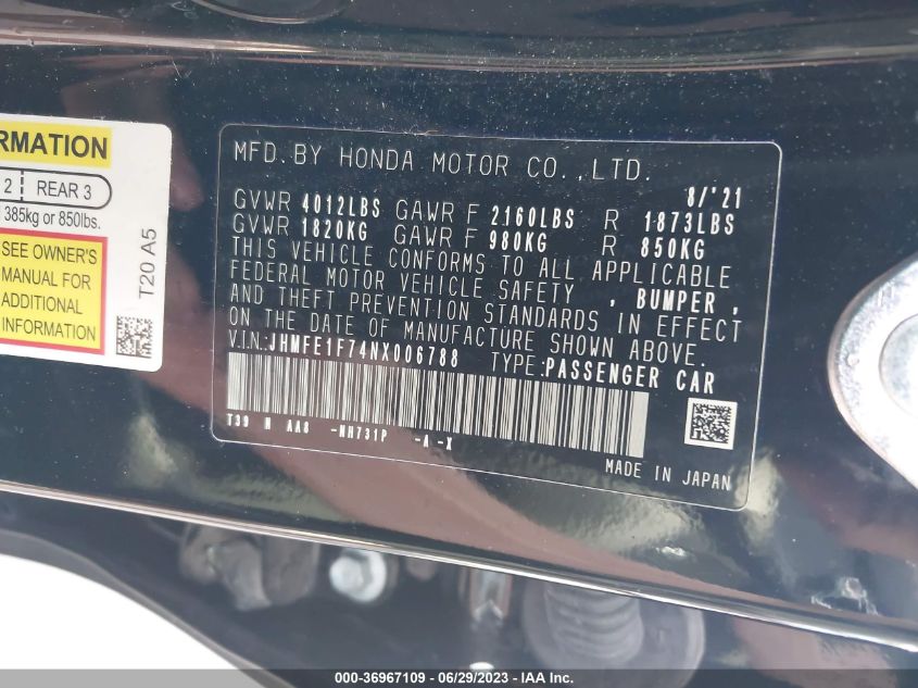 2022 HONDA CIVIC SEDAN EX - JHMFE1F74NX006788