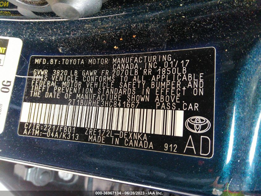 2017 TOYOTA COROLLA L/LE/XLE/SE/XSE - 2T1BURHE3HC841667
