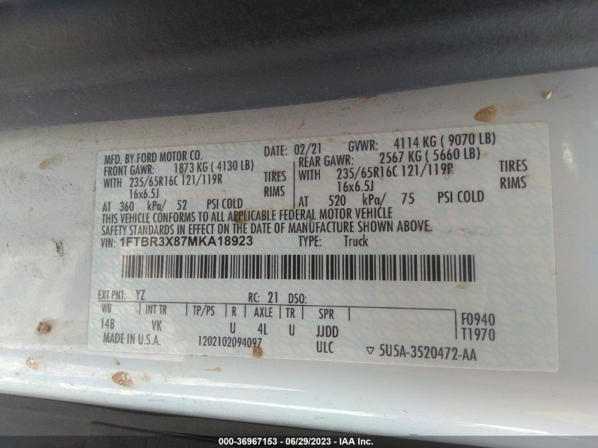 2021 FORD TRANSIT CARGO VAN - 1FTBR3X87MKA18923