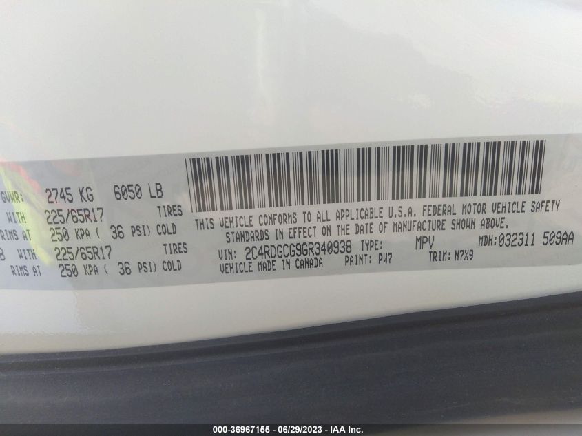 2016 DODGE GRAND CARAVAN SXT - 2C4RDGCG9GR340938