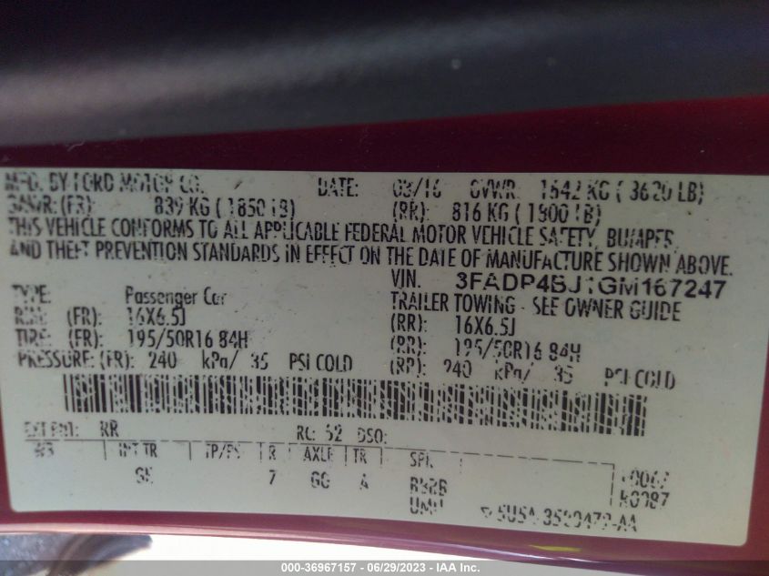 2016 FORD FIESTA SE - 3FADP4BJ1GM167247