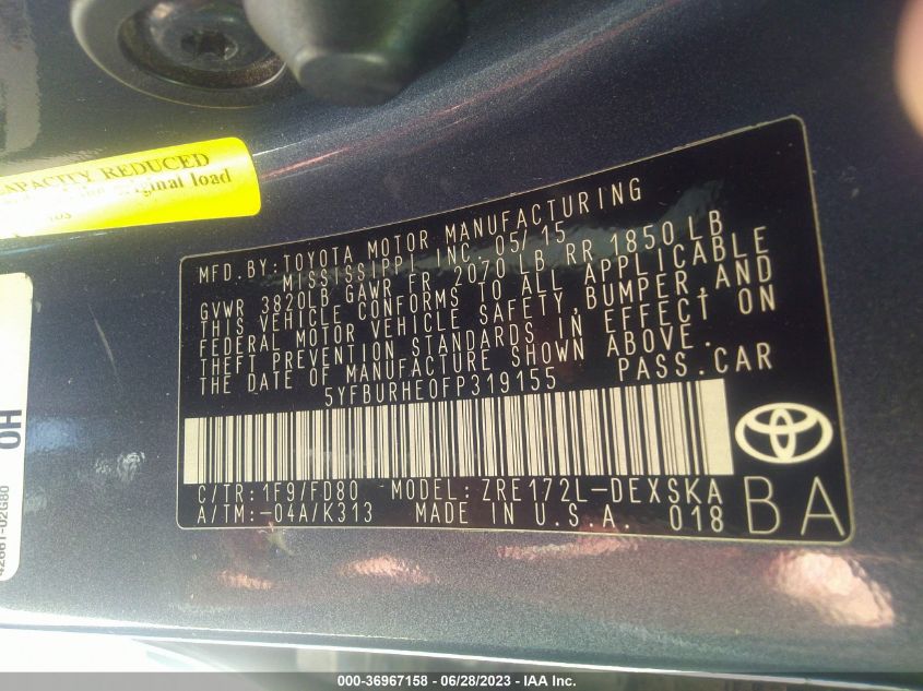 2015 TOYOTA COROLLA L/LE/S/S PLUS/LE PLUS - 5YFBURHE0FP319155