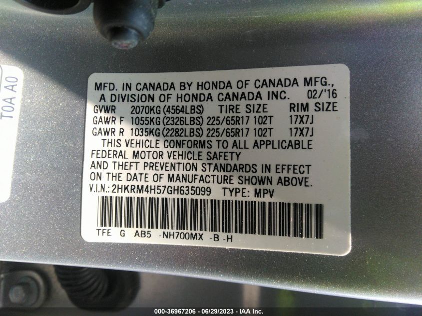 2016 HONDA CR-V EX - 2HKRM4H57GH635099