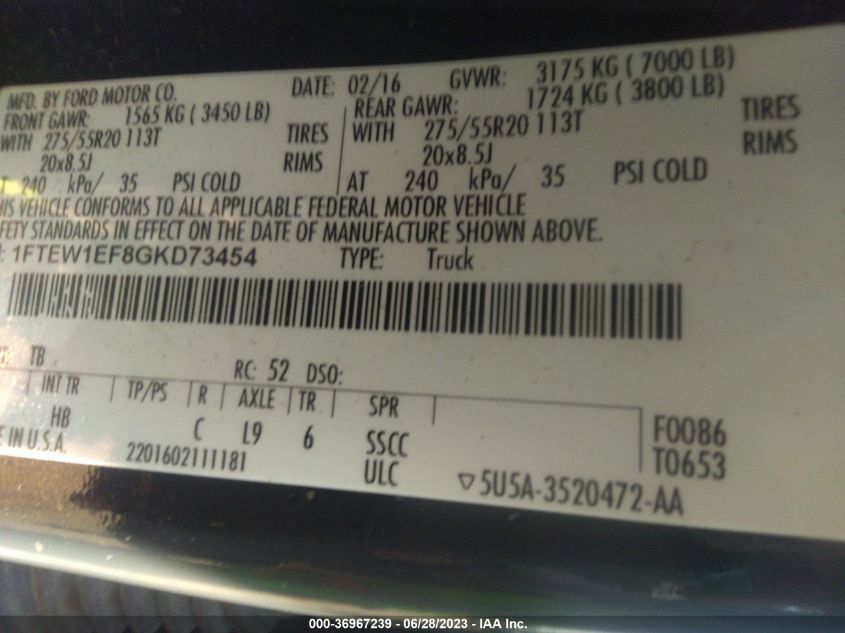 2016 FORD F-150 XLT/XL/LARIAT/PLATINUM - 1FTEW1EF8GKD73454