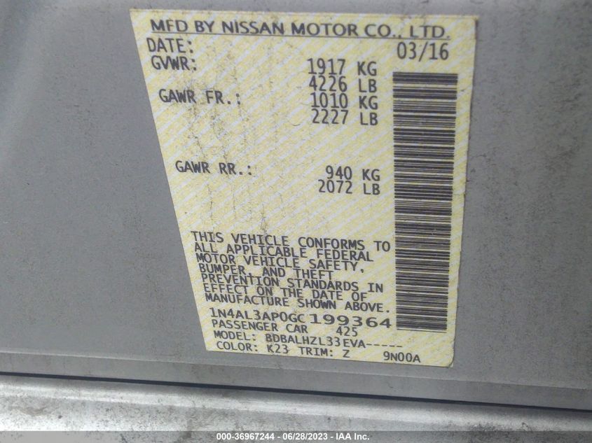 2016 NISSAN ALTIMA 2.5 SR - 1N4AL3AP0GC199364