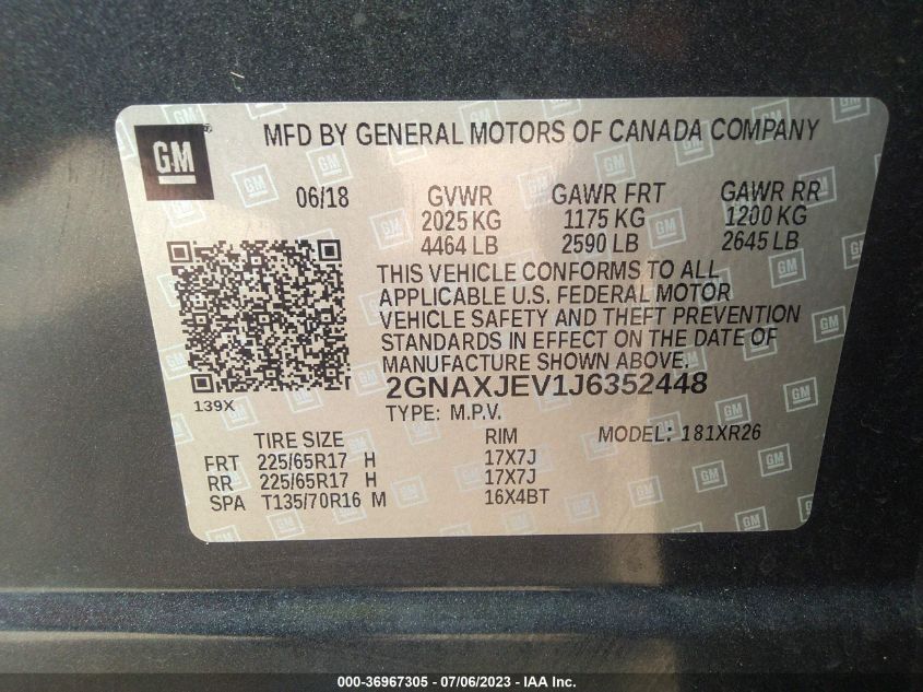 2018 CHEVROLET EQUINOX LT - 2GNAXJEV1J6352448