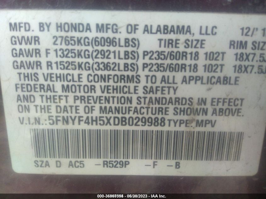 2013 HONDA PILOT EX-L - 5FNYF4H5XDB029988