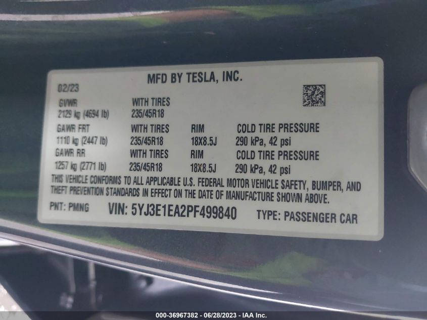 2023 TESLA MODEL 3 - 5YJ3E1EA2PF499840