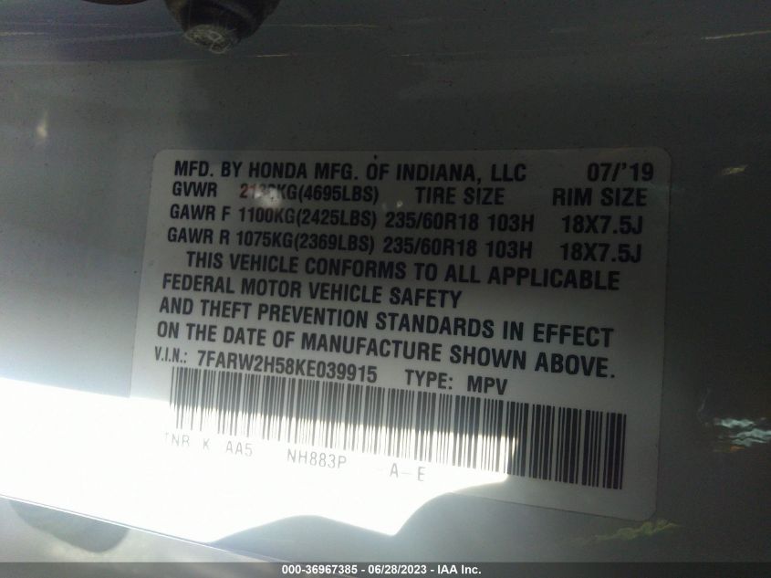 2019 HONDA CR-V EX - 7FARW2H58KE039915