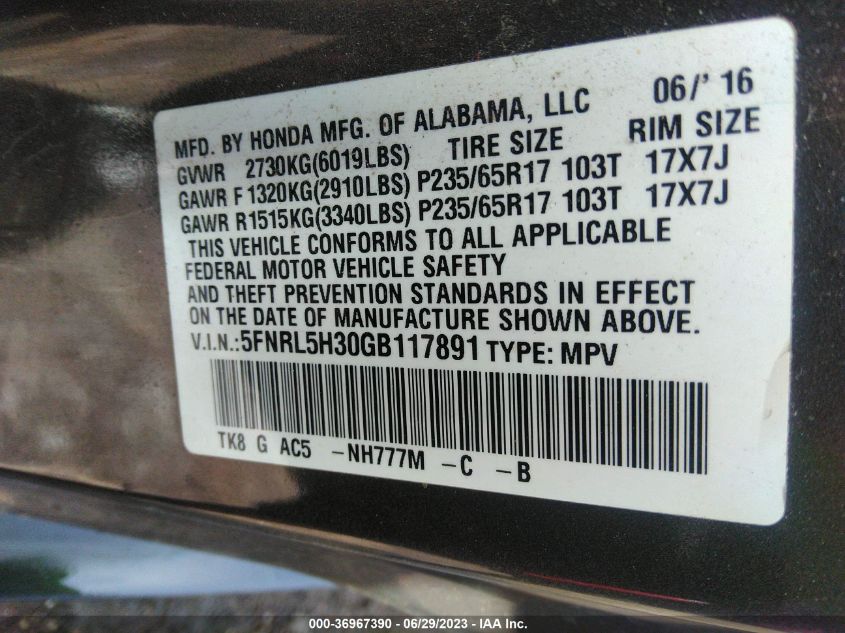 2016 HONDA ODYSSEY SE - 5FNRL5H30GB117891