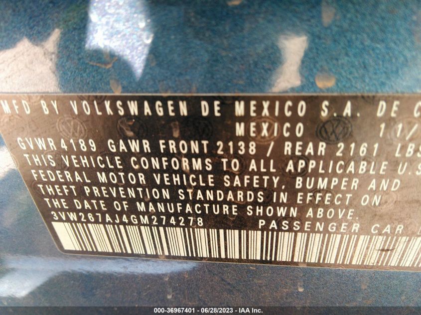2016 VOLKSWAGEN JETTA SEDAN 1.4T S - 3VW267AJ4GM274278
