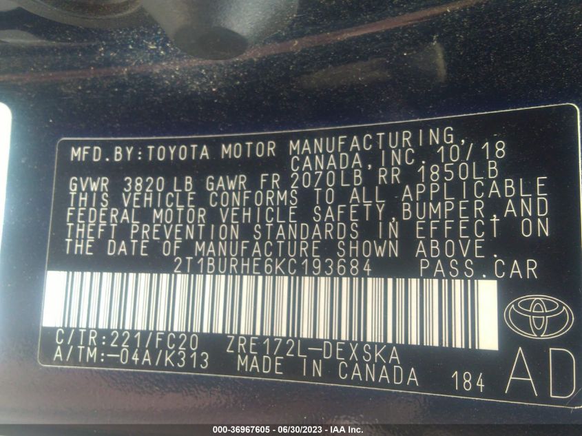 2019 TOYOTA COROLLA L/LE/SE/XLE/XSE - 2T1BURHE6KC193684
